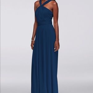Y-neck long mesh bridesmaid dress